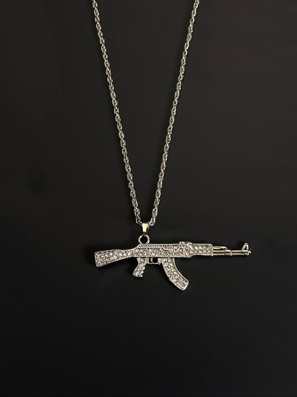 Rhinestone Decorated Submachine Gun Shaped Pendant Necklace for Men,  Hip Hop Punk Jewelry for Party, Daily Clothing Decor for Boy