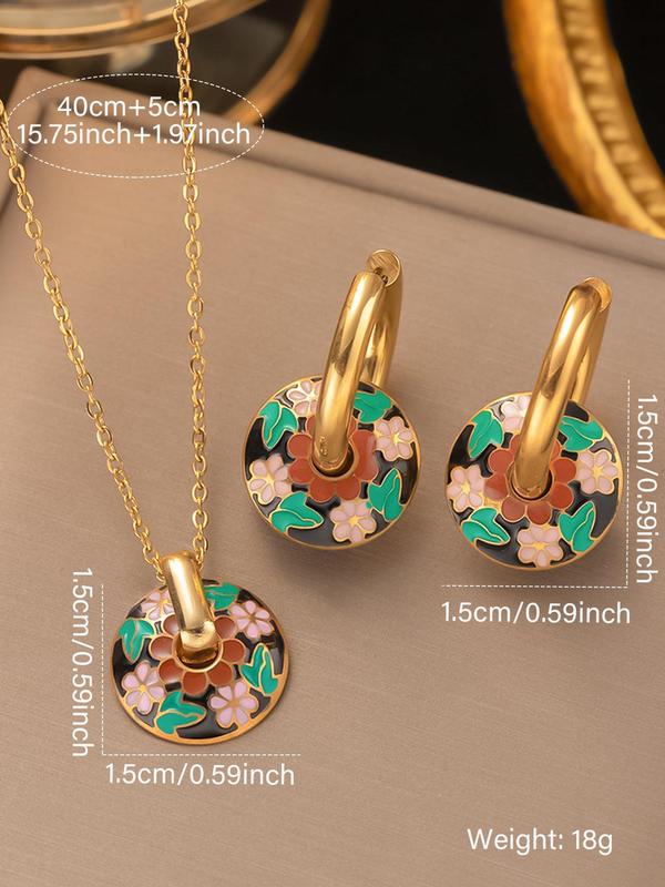 Vintage Flower Pattern Round Pendant Necklace & Earrings, Boho Style Jewelry Set for Women, Fashion Jewelry for Party, Daily Decor, Trendy All-match & Exquisite Jewelry for Gift