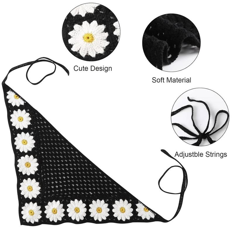 2-piece set Floral Daisy Crochet Bandana Head Kerchief Hair Scarf Knitted Hair Scarves Headscarf Tie Vintage Bandanas Headwrap Headband for Women Girl