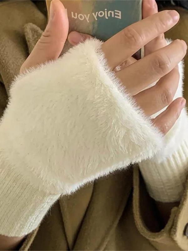 Women's Contrast Faux Fur Half Finger Gloves, Casual Trendy Warm Gloves for Fall & Winter, Fashionable Gloves for Women & Girls for Daily Use