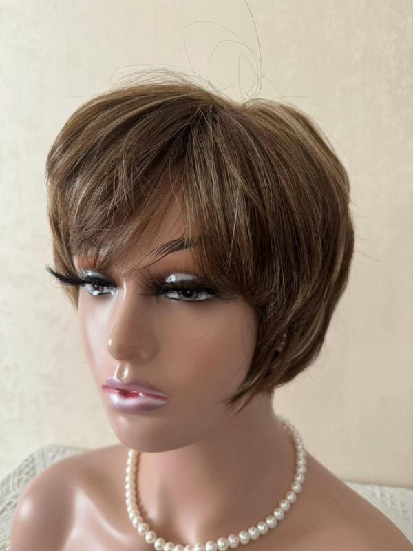 10 Inch Short Straight Bob Wigs for Women, Natural Looking Gorgeous Fluffy Wigs with Air Bangs, Synthetic Full Machine Wigs for Party Photography, Daily Use