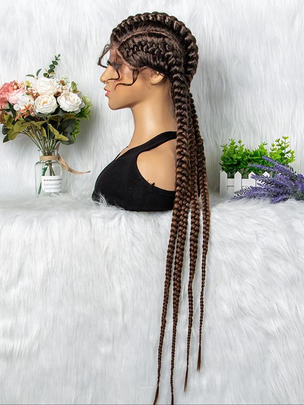 36 Inch Burgundy 4 Strands Long Ponytail Extension With Wig Cap, Synthetic Braided Lace Wig For Party, Daily Use Braids Hairstyles