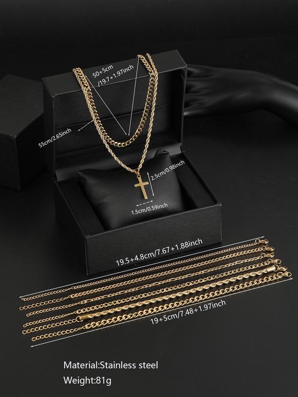 Men's Casual Vintage Cross Pendant Necklace & Chain Bracelet Set, Stainless Steel Matching Jewelry Set, Fashion Accessories for Party