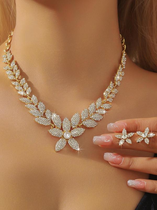 Rhinestone Decorated Flower Design Necklace & Stud Earrings, Elegant Jewelry Set for Party, Daily Clothing Decor, Trendy All-match & Exquisite Jewelry for Gift