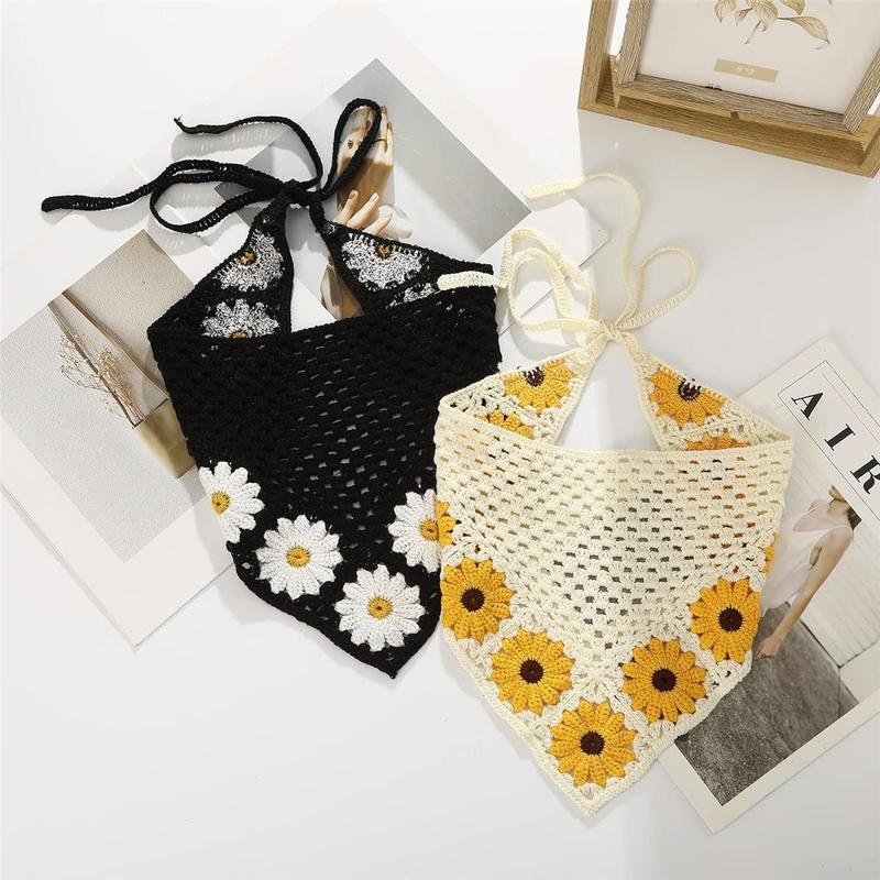 2-piece set Floral Daisy Crochet Bandana Head Kerchief Hair Scarf Knitted Hair Scarves Headscarf Tie Vintage Bandanas Headwrap Headband for Women Girl