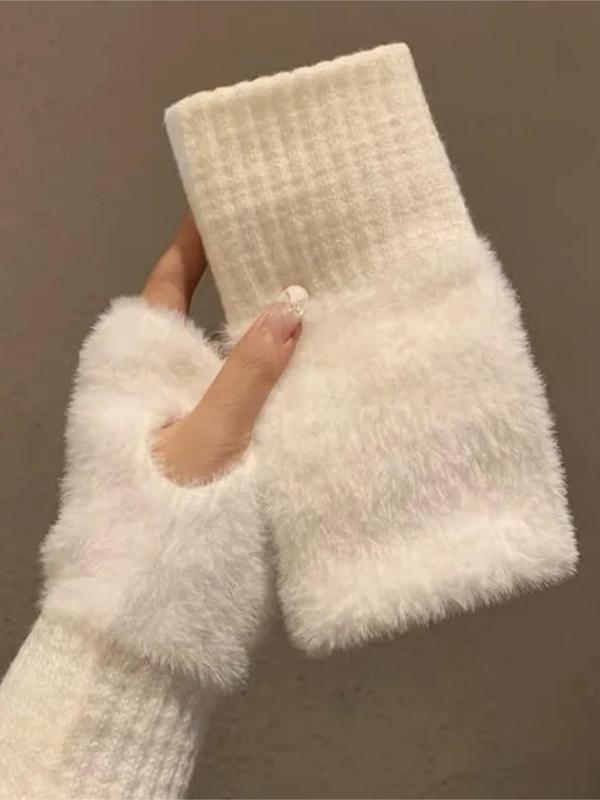 Women's Contrast Faux Fur Half Finger Gloves, Casual Trendy Warm Gloves for Fall & Winter, Fashionable Gloves for Women & Girls for Daily Use