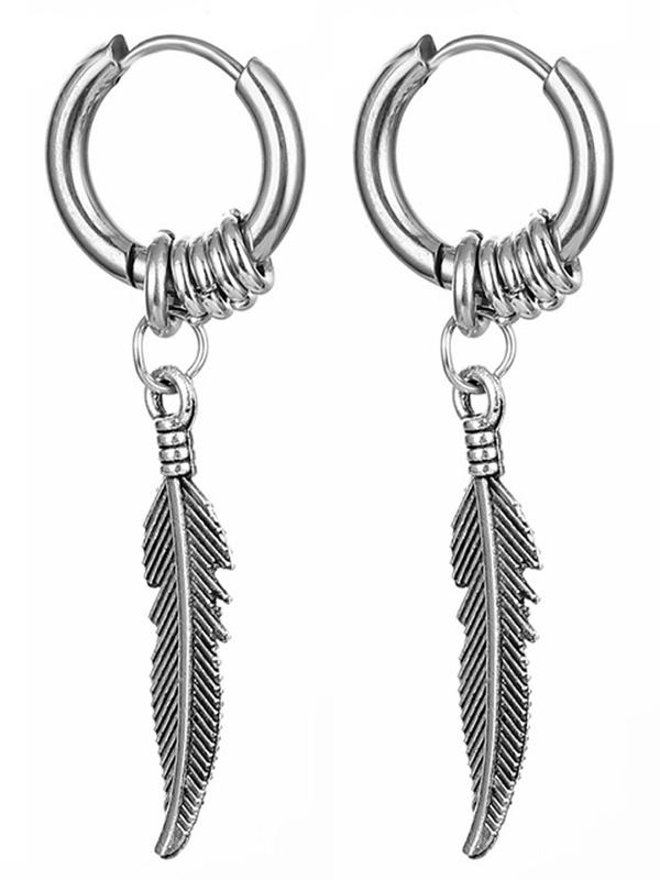 Vintage Feather Design Dangle Earrings, 2 Pairs Stainless Steel Coil Earrings for Women & Men, Hip Hop Fashion Jewelry for Party, Daily Decor, Trendy All-match & Exquisite Jewelry for Birthday Gift