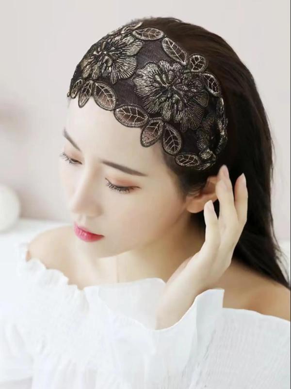 Floral Embroidered Hair Hoop,  Vintage Mesh Lace Wide Brimmed Hair Band, Elegant Headband for Women & Girls, Trendy All-match & Exquisite Hair Accessories for Daily Wear