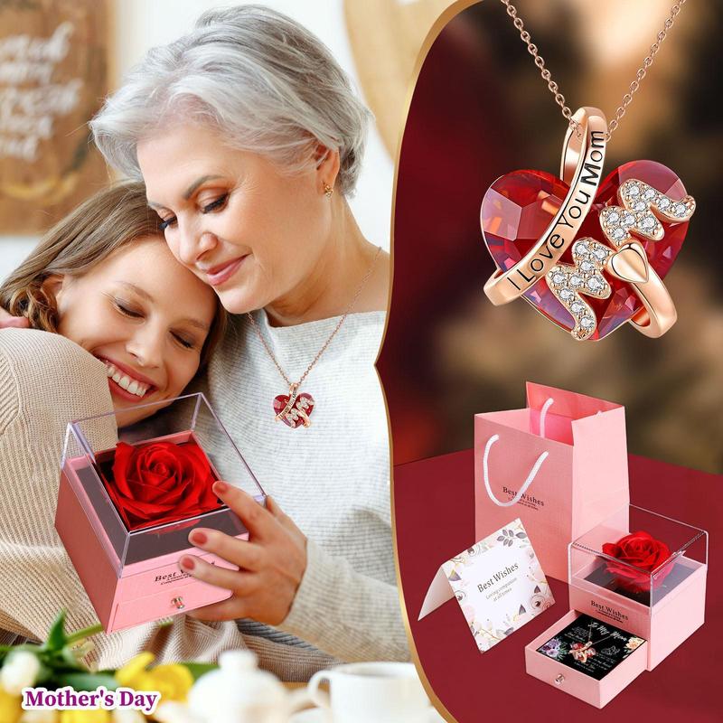 Christmas Mother's Day Gift Box Set, 1 Set Including Rose Gift Box & I Love You Mom Necklace & Greeting Card, Party Gift for Mom, Birthday Gift for Women