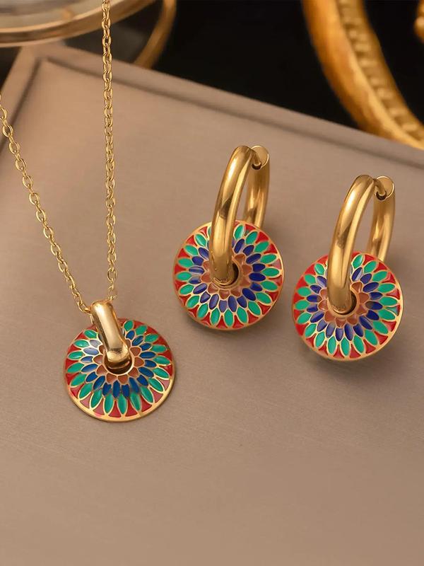 Vintage Flower Pattern Round Pendant Necklace & Earrings, Boho Style Jewelry Set for Women, Fashion Jewelry for Party, Daily Decor, Trendy All-match & Exquisite Jewelry for Gift