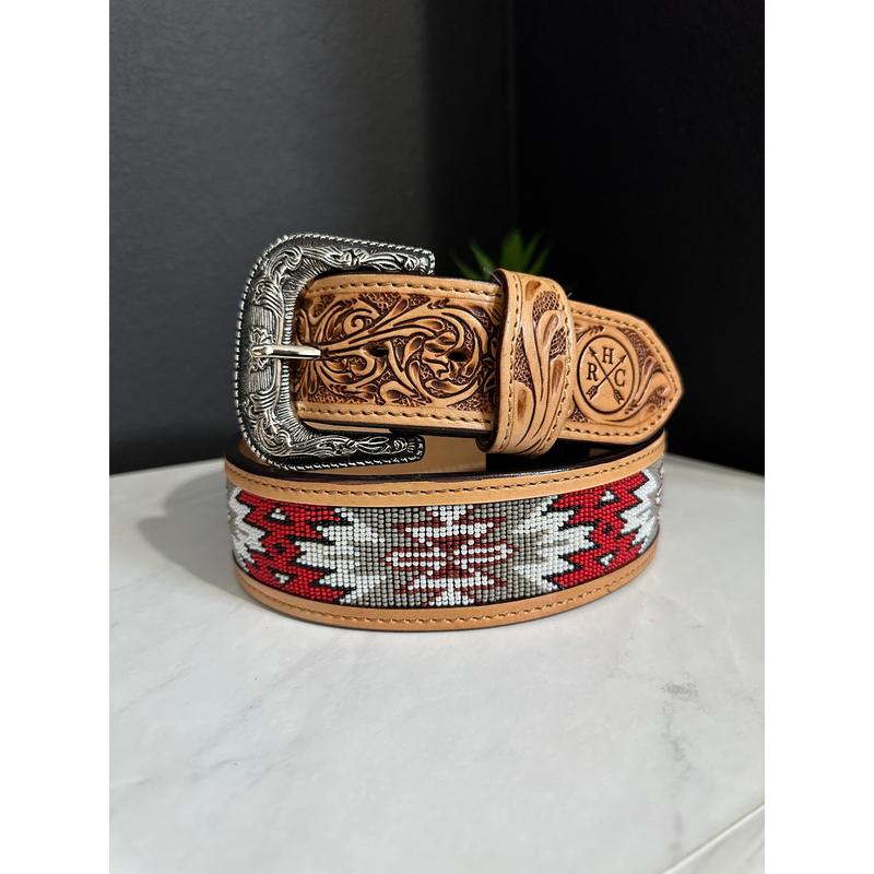 2” Beaded Aztec Leather Belt