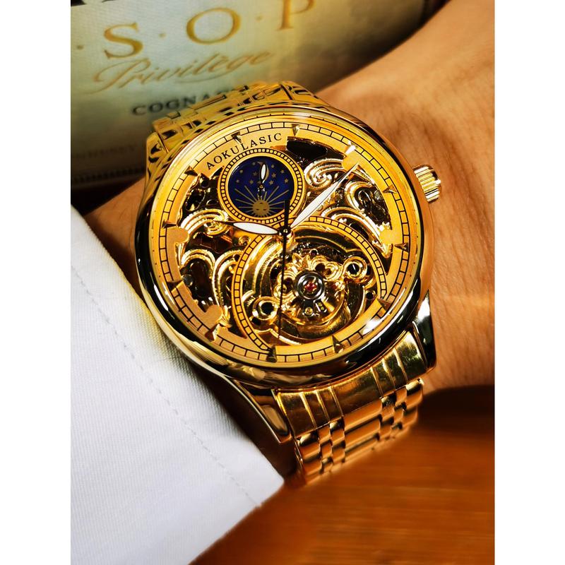 Christmas Gift Gold  Vintage Moon Phase Automatic Watch for Men Tourbillon Skeleton Luminous Hands Luxury Brand Mechanical Watches Steel Strap