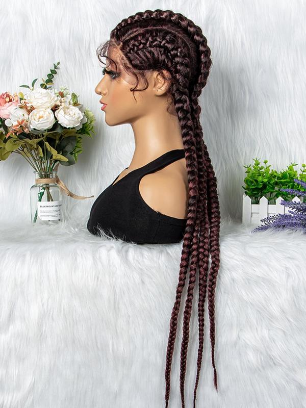 36 Inch Burgundy 4 Strands Long Ponytail Extension With Wig Cap, Synthetic Braided Lace Wig For Party, Daily Use Braids Hairstyles