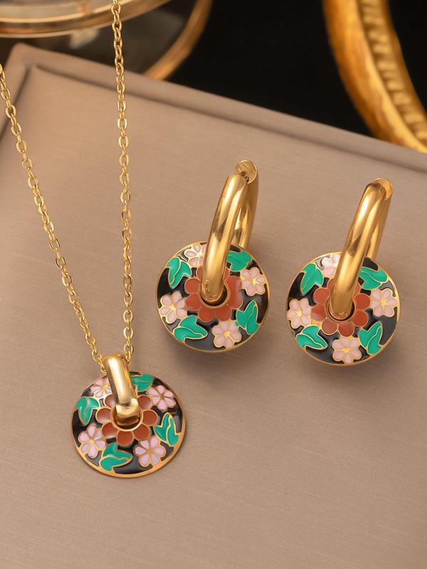 Vintage Flower Pattern Round Pendant Necklace & Earrings, Boho Style Jewelry Set for Women, Fashion Jewelry for Party, Daily Decor, Trendy All-match & Exquisite Jewelry for Gift