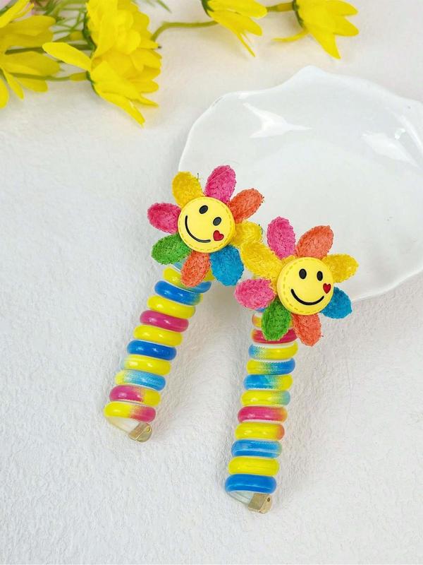 Cute Cartoon Sunflower Design Hair Tie (2pcs), Colorful High Stretch Ponytail Holder, Telephone Line, Hair Ring, Bubble, Braided Hair Rope, No Injury Hair Tie for Women & Girls