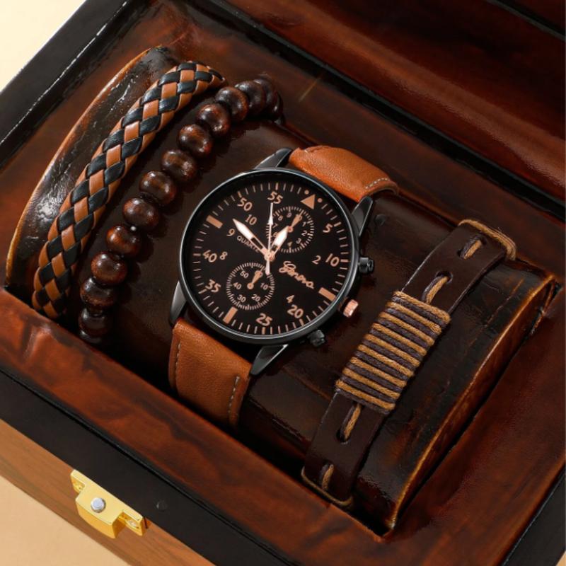 4pcs Set New Men Watch Luxury Bracelet Set Fashion Business Brown Leather Quartz Wrist Watches For Men Father's Day Gifts