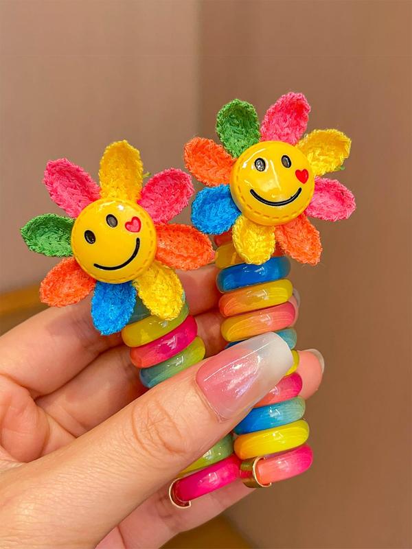 Cute Cartoon Sunflower Design Hair Tie (2pcs), Colorful High Stretch Ponytail Holder, Telephone Line, Hair Ring, Bubble, Braided Hair Rope, No Injury Hair Tie for Women & Girls