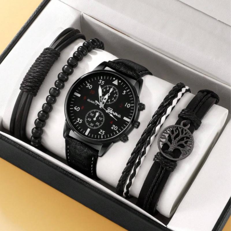 4pcs Set New Men Watch Luxury Bracelet Set Fashion Business Brown Leather Quartz Wrist Watches For Men Father's Day Gifts