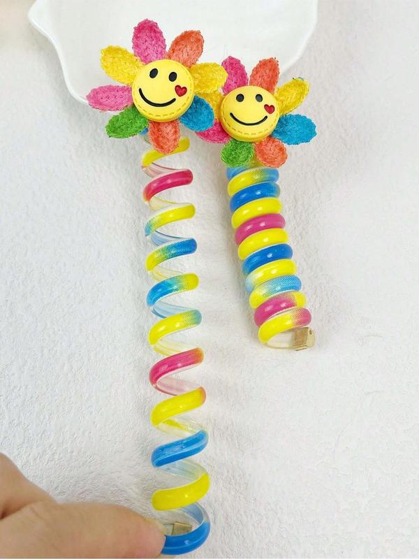 Cute Cartoon Sunflower Design Hair Tie (2pcs), Colorful High Stretch Ponytail Holder, Telephone Line, Hair Ring, Bubble, Braided Hair Rope, No Injury Hair Tie for Women & Girls