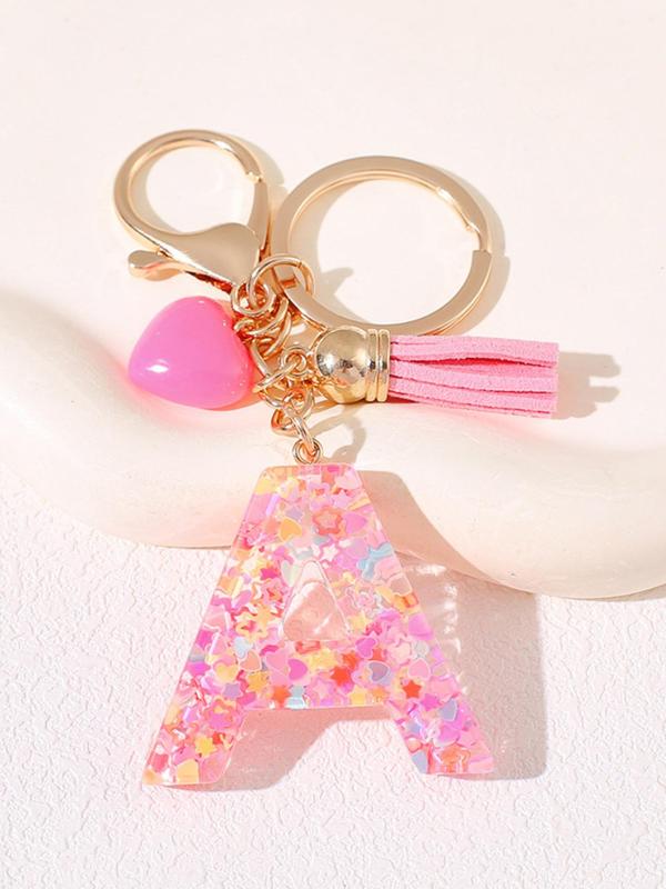 Initials Letter Design Keychain, Cute Tassel & Heart & Confetti Decor Keychain for Women & Girls, Fashion Accessories for Bag & Car Key Decoration