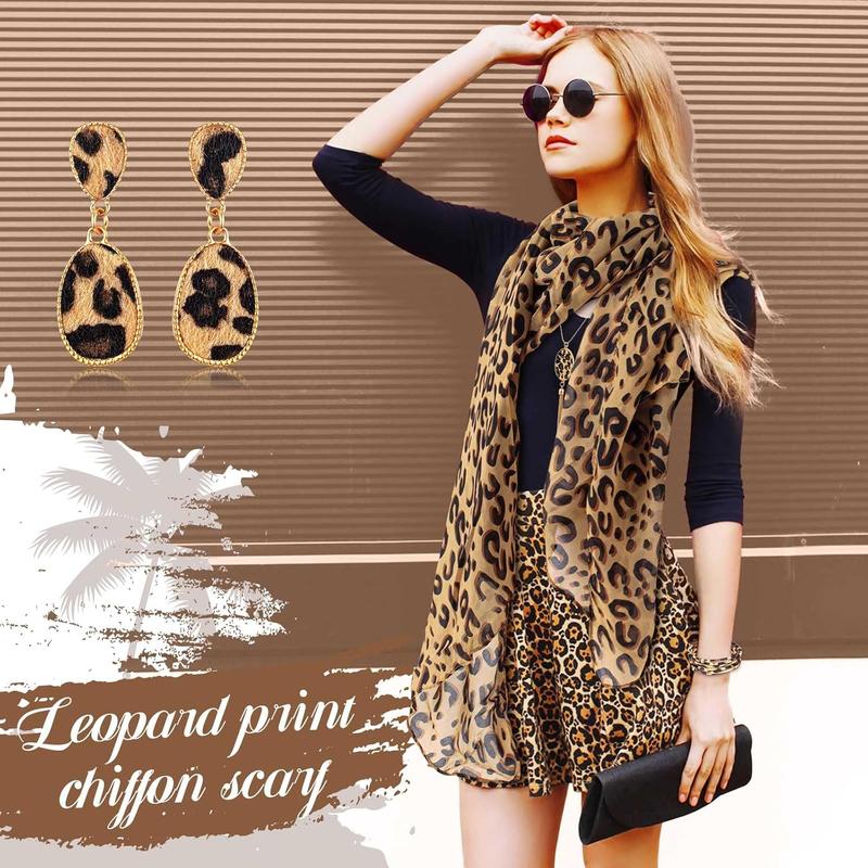 4 Count Leopard Print Scarf and Women Cheetah Wrap Shawl Dangle Earrings Necklace Multilayer Bracelet Leopard Print Accessories for Mother's Day Gift Party Costume