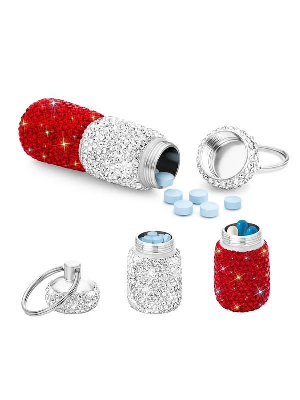 Summer Rhinestone Decorated Portable Pill Box Keychain, Portable Pill Case Organizer Keychain, Key Ring for Women & Men As Gift, Back To School