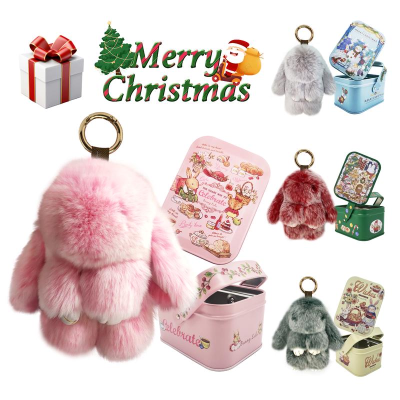 Soft Cute Pompom Lulu Bunny Keychains With Tin Box, Handmade Soft Bunny Pompom Keychain for Phone Bag, lulu keychain Christmas Gifts for Women Girls