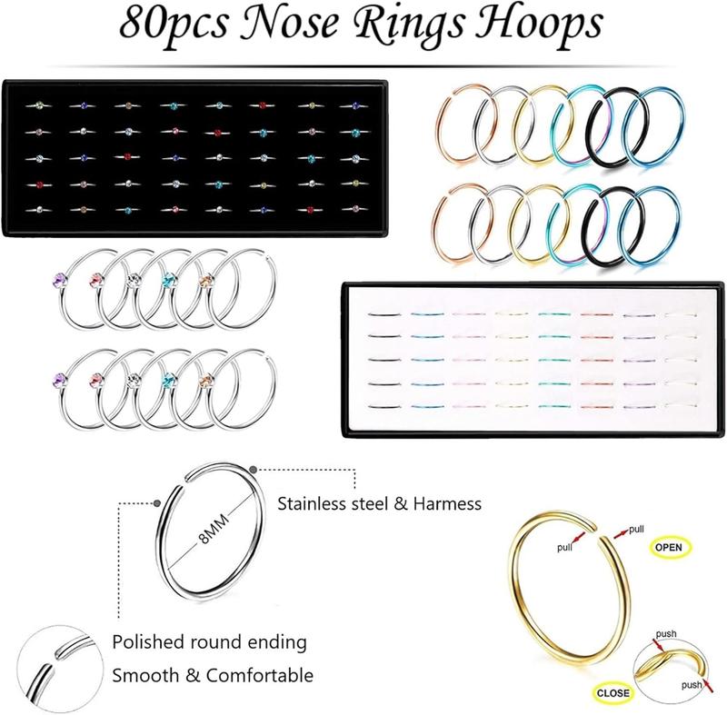 Nose Rings Studs and Hoops, Surgical Stainless Steel Hypoallergenic Nose Rings Set for Women Men, Straight L Screw Shaped and 1.5 2.0 2.5mm Rhinestone Nose Piercing Jewelry and Ideal Gift