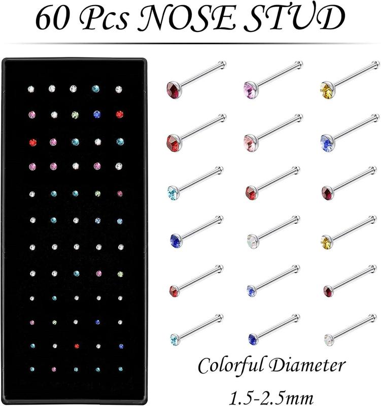 Nose Rings Studs and Hoops, Surgical Stainless Steel Hypoallergenic Nose Rings Set for Women Men, Straight L Screw Shaped and 1.5 2.0 2.5mm Rhinestone Nose Piercing Jewelry and Ideal Gift