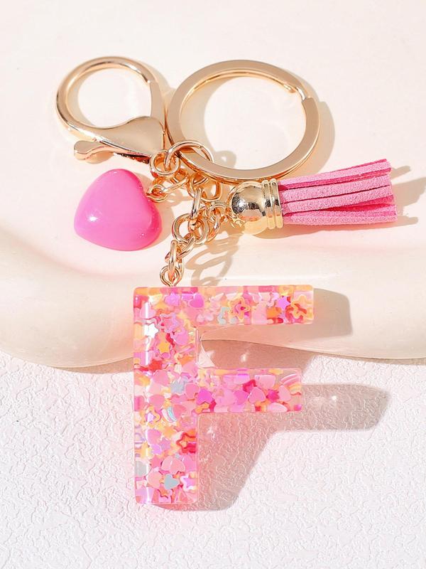 Initials Letter Design Keychain, Cute Tassel & Heart & Confetti Decor Keychain for Women & Girls, Fashion Accessories for Bag & Car Key Decoration