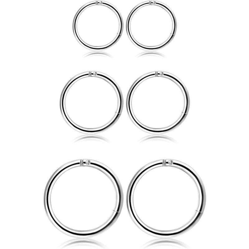 FLORIDECO 3 Pairs Stainless Steel 16G Sleeper Earrings Septum Clicker Nose Lip Ring Body Piercing Jewelry Daily 6 8 10MM