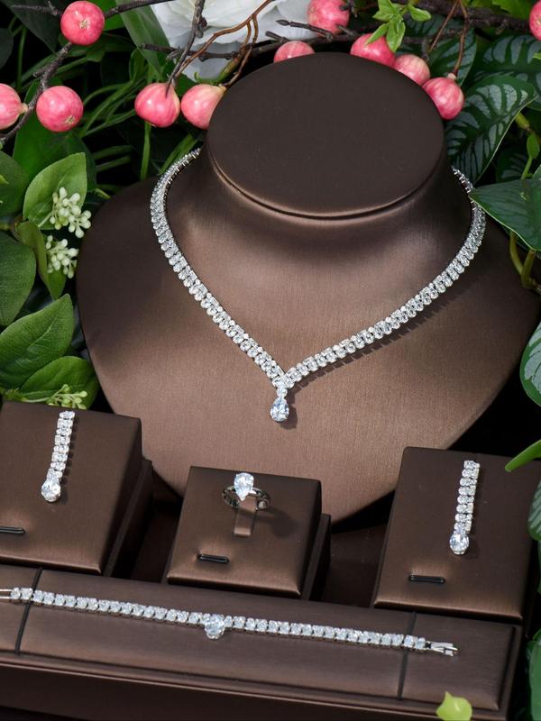 Women's Elegant Rhinestone Decorated Jewelry Set, Exquisite Trendy Necklace & Bracelet & Ring & Earrings, Chic Jewelry Set for Party Decoration