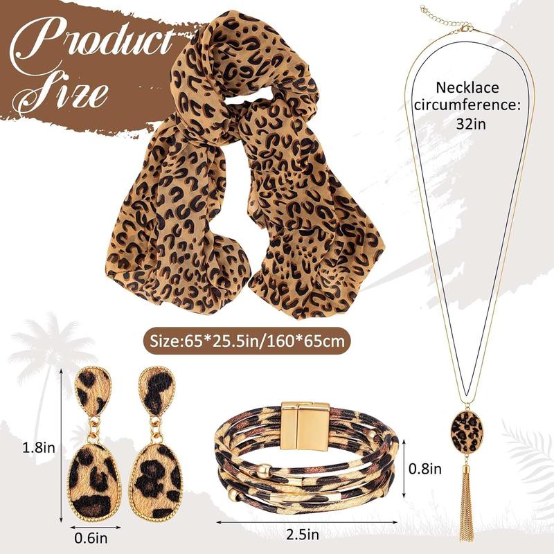 4 Count Leopard Print Scarf and Women Cheetah Wrap Shawl Dangle Earrings Necklace Multilayer Bracelet Leopard Print Accessories for Mother's Day Gift Party Costume