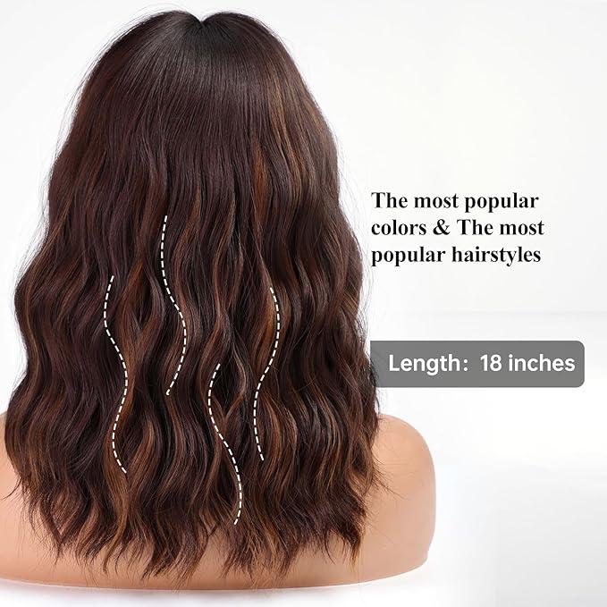 Brown Wavy Wig with Highlight with Bangs Shoulder Length Wavy Wig Middle Part Hair Wig for Women 014