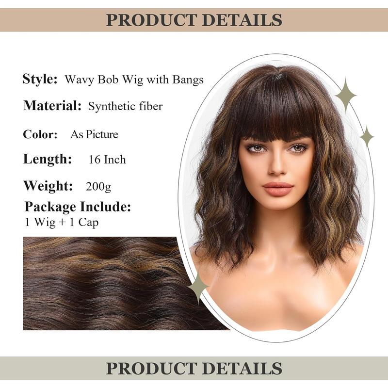 Brown Wavy Wig with Highlight with Bangs Shoulder Length Wavy Wig Middle Part Hair Wig for Women 014