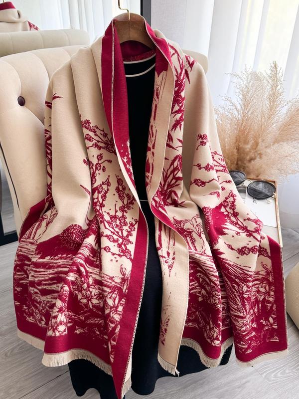 Women's Landscape Print Double Sided Thick Shawl, Casual Soft Warm Long Scarf for Fall & Winter, Fashion Accessories for Women & Girls