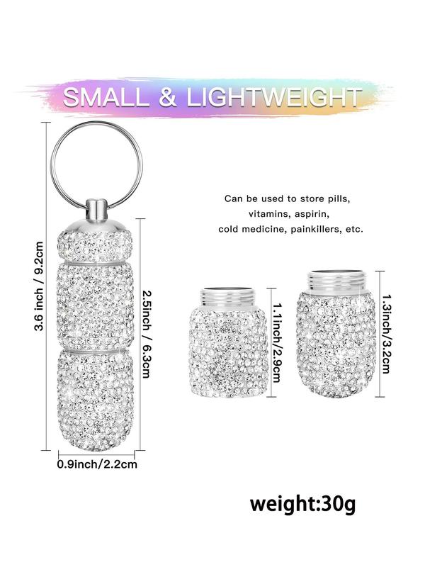 Summer Rhinestone Decorated Portable Pill Box Keychain, Portable Pill Case Organizer Keychain, Key Ring for Women & Men As Gift, Back To School