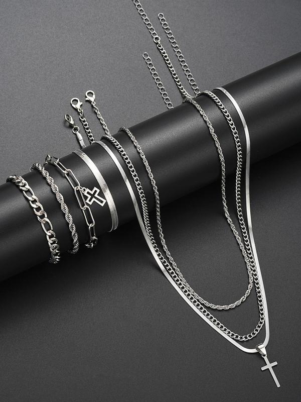 Hip Hop Chain Necklace Bracelet Set, Cross Charm Luxury Jewelry Set for Men & Women for Party Clothing Decor, Trendy All-match & Exquisite Jewelry Set for Birthday Gift