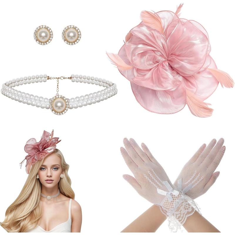 4Pcs Tea Party Fascinator Hat for Women Flower Fascinators for Women Feather Hat Lace Glove Pearl Jewelry Set