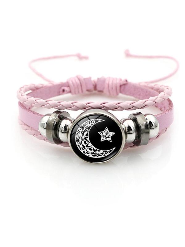 Glow in The Dark Charm Leather Bracelet, Fashionable Moon & Star Design Bangle for Women & Men, Trendy All-match & Exquisite Jewelry for Birthday Gift