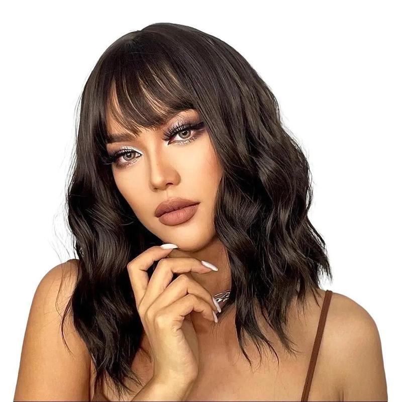 Brown Wavy Wig with Highlight with Bangs Shoulder Length Wavy Wig Middle Part Hair Wig for Women 014