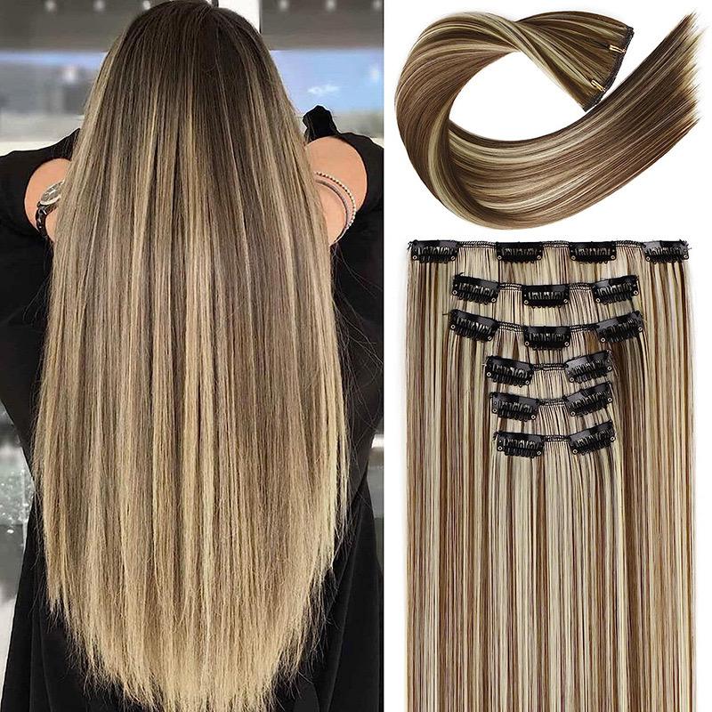 GlamWig 24 Inch Straight Hair Extensions, 6pcs Clip-In Synthetic Hair for Women & Girls, Heat Resistant & Glueless, 22 Colors Available, Synthetic Material Wig for Daily Life &Special Occasions, Halloween, Christmas & New Year Necessity, Beginner Friendly