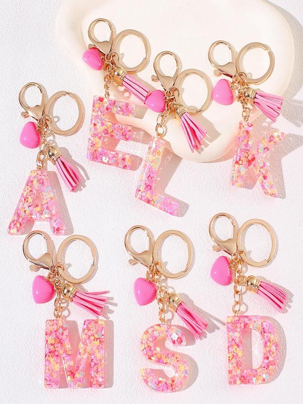 Initials Letter Design Keychain, Cute Tassel & Heart & Confetti Decor Keychain for Women & Girls, Fashion Accessories for Bag & Car Key Decoration