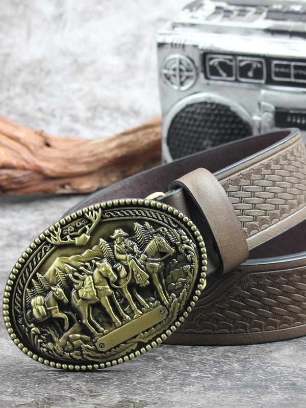 Horse Engraved Buckle Design Western Belt, Floral & Geometric Embossed Belt, Unisex Vintage Belt for Party, Daily Clothing Decor, Trendy All-match & Exquisite Belt for Gift