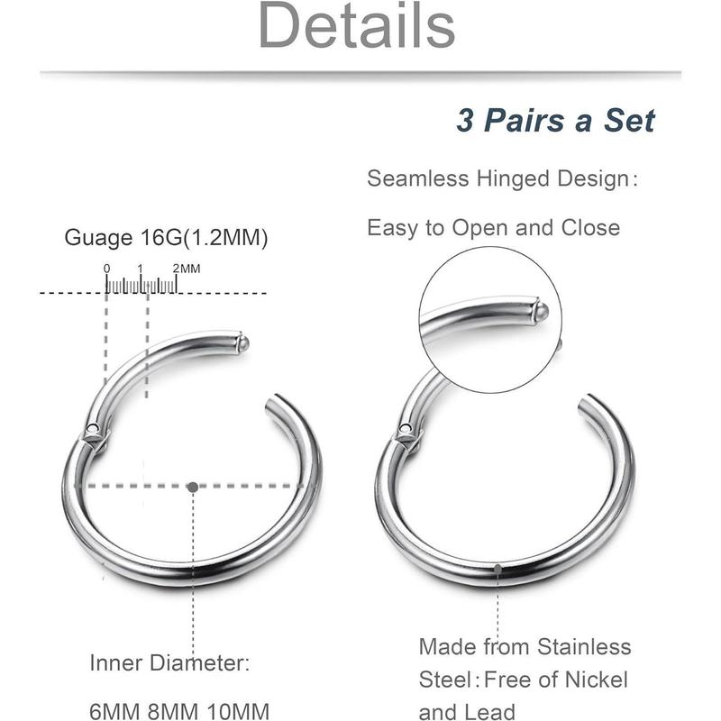 FLORIDECO 3 Pairs Stainless Steel 16G Sleeper Earrings Septum Clicker Nose Lip Ring Body Piercing Jewelry Daily 6 8 10MM