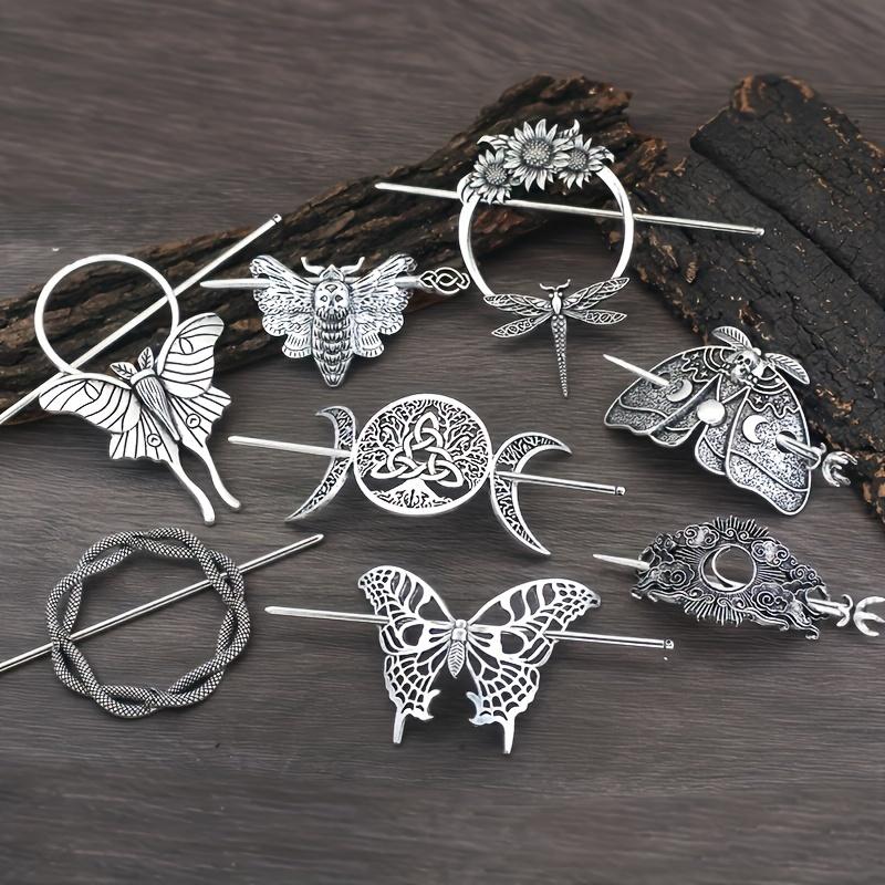 8 PCS Whimsical Witchy Hair Clips Set - Vintage Crescent Moon Hair Sticks with Gothic, Pagan, Wiccan, Viking Inspirations - Perfect Halloween Hair Accessories, Holiday Gifts for Women, Girls, and Teens