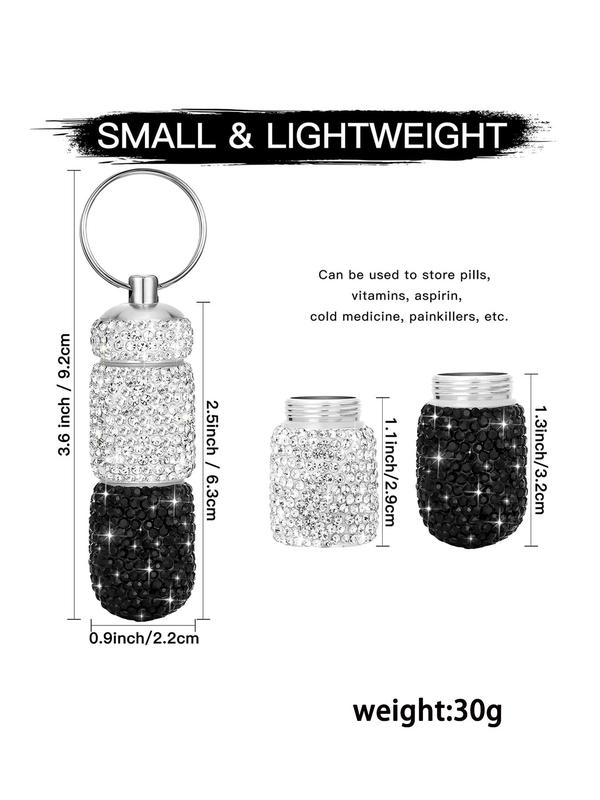 Summer Rhinestone Decorated Portable Pill Box Keychain, Portable Pill Case Organizer Keychain, Key Ring for Women & Men As Gift, Back To School