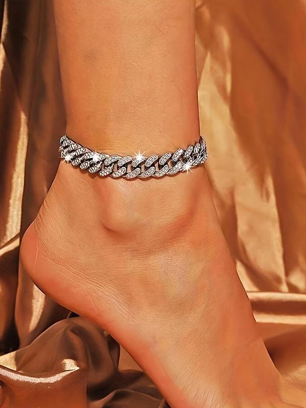 Rhinestone Decorated Cuban Chain Anklet for Women & Girls, Fashion Jewelry for Party, Daily Clothing Decor, Trendy All-match & Exquisite Jewelry for Birthday Gift