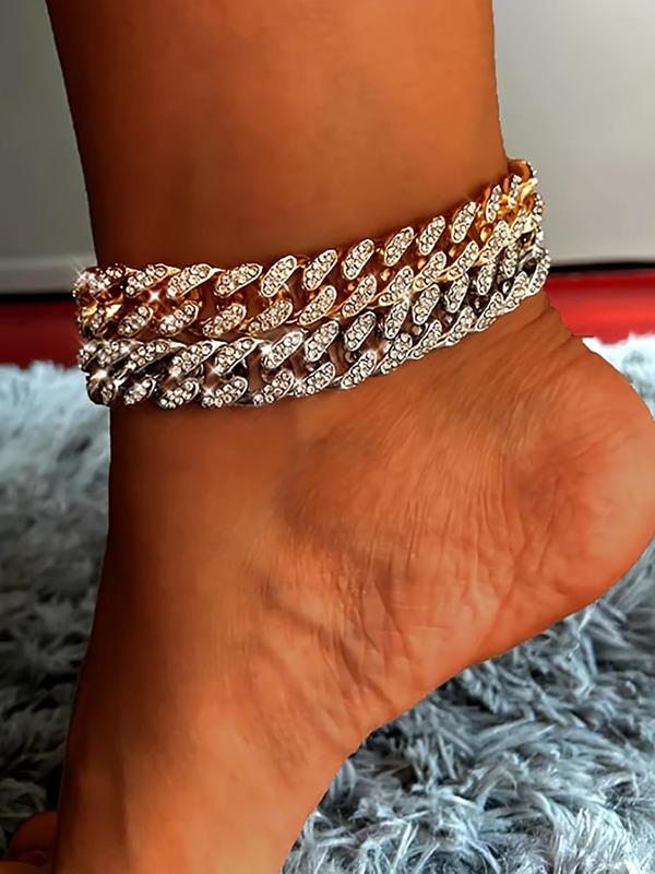 Rhinestone Decorated Cuban Chain Anklet for Women & Girls, Fashion Jewelry for Party, Daily Clothing Decor, Trendy All-match & Exquisite Jewelry for Birthday Gift