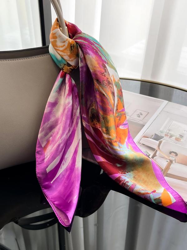 Women's Floral Print Square Scarf, Fashionable Soft Breathable Shawl for All Seasons, Elegant Satin Scarf  for Women